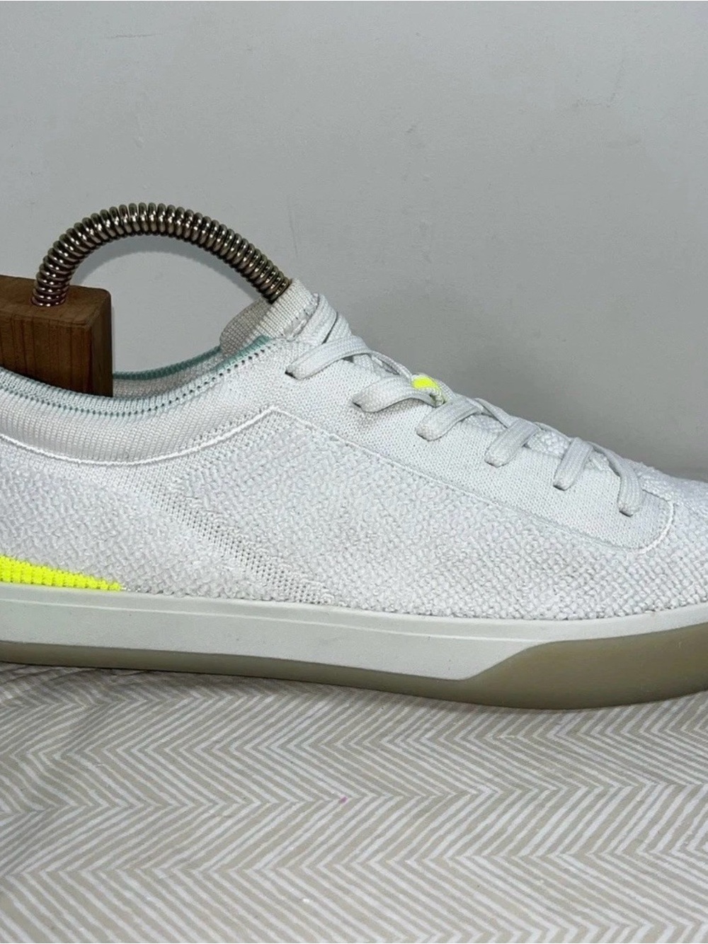 Rothy's White Knit Sneakers with Neon Yellow Accent